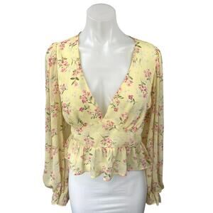Lulus Womens Yellow Pink Floral Long Sleeve Deep V Neck Peplum Blouse Top Size M